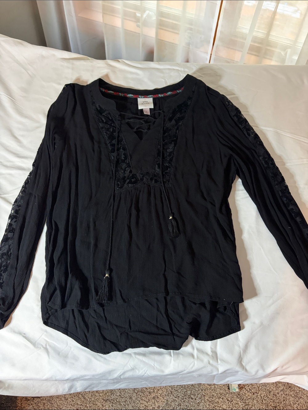 Knox Rose Black Lace-Trim V-Neck Peasant Blouse